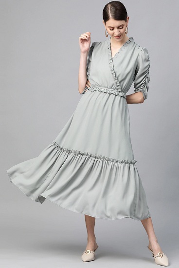 Ruffle Wrap Dress With Puff Sleeves