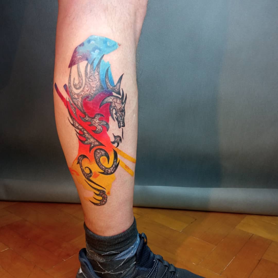 Colourful Tribal Dragon Calf Tattoo