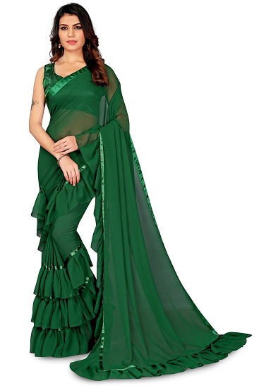 Ruffle Saree Designer Frill Sari Indian Women Wedding Wear New Blouse Silk 2 