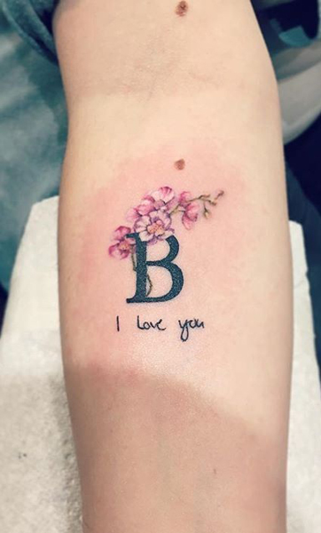 B Letter Tattoo With Flowers