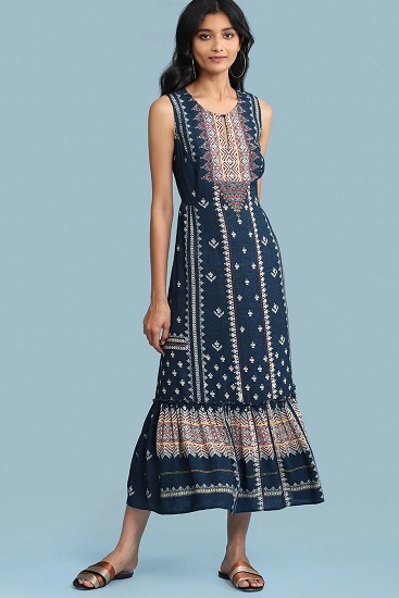 Blue Sleeveless Ethnic Print Dress