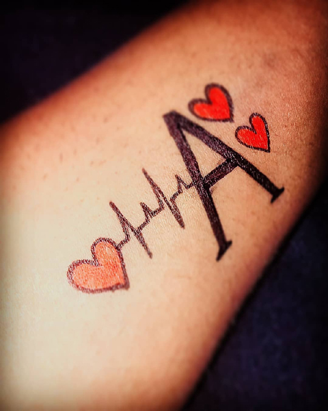 Heartbeat With Bold A Letter Tattoo
