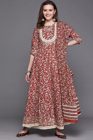 Maroon Printed Ethnic Gown With Dupatta