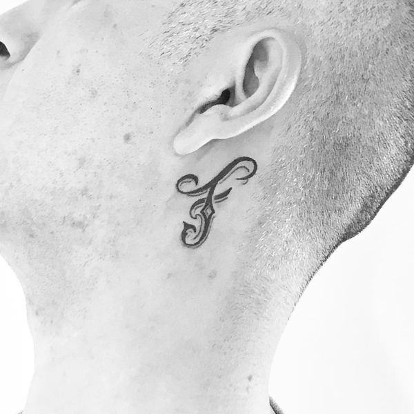 Stylish F Letter Tattoo Near The Ear