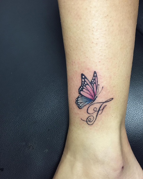 Stylish F Letter Tattoo With A Butterfly