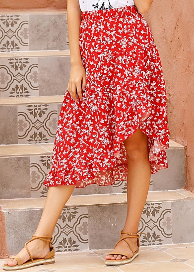 Asymmetric Floral Pleated Skirt