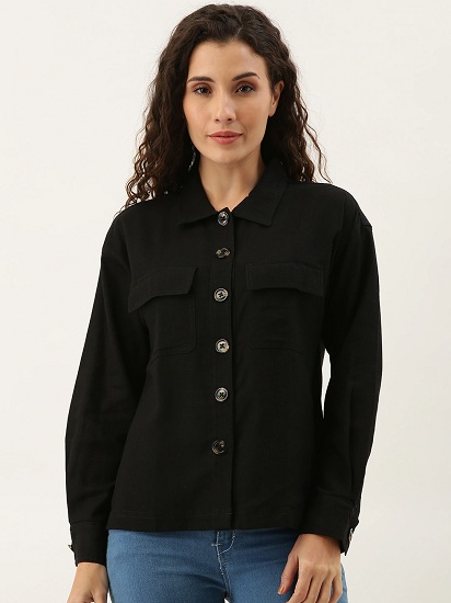 Black Linen Solid Casual Shirt Women's