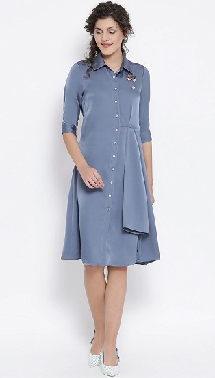 Blue Solid Formal Shirt Dress