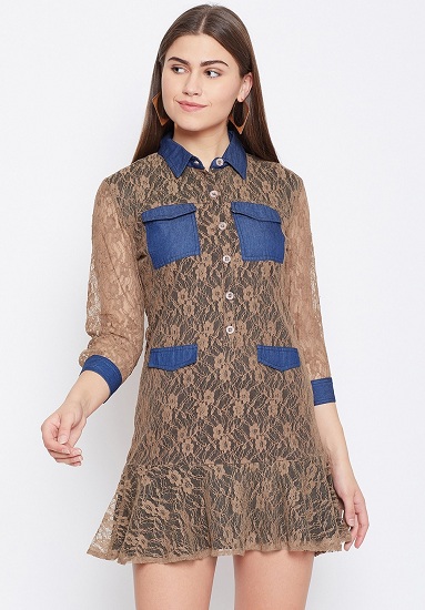 Brown And Navy Lace Shirt Dress