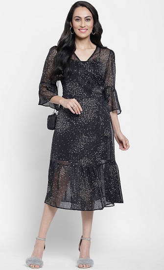 Chiffon Wrap Dress With Bell Sleeves
