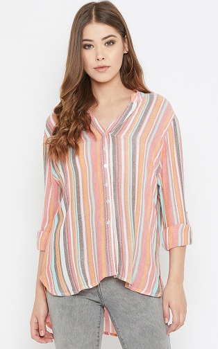 Chinese Collar Full Sleeve Shirt With High Low Hem