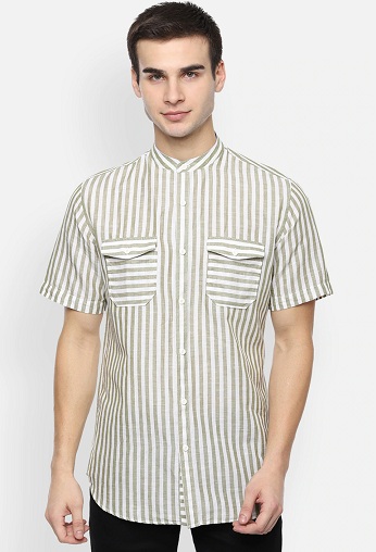 Chinese Collar Striped Half Sleeve Shirt
