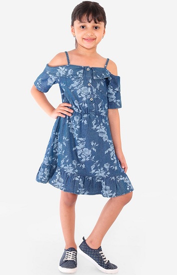 Denim Fit And Flare Floral Dress