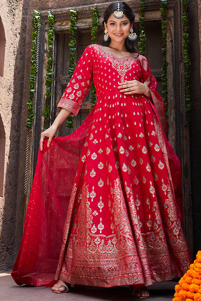 Floral Long Top Churidar In Red