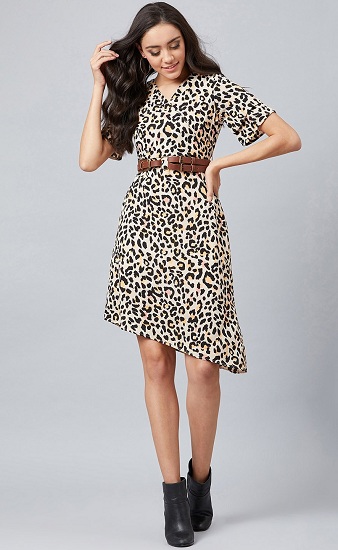 Leopard Print Knee Length Wrap Dress