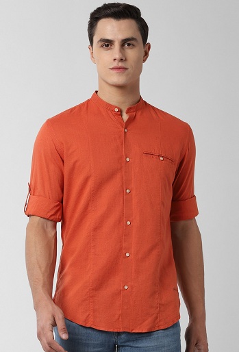 Peter England Orange Chinese Collar Shirt