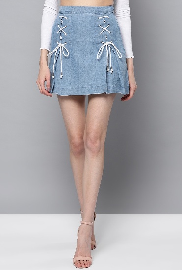 Pleated Plain Denim Skirt