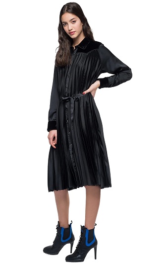 Pleated Shirt Dress With Tie Up Sleeves