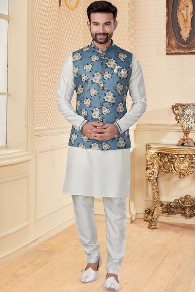 Men's Beige Embroidered Kurta Pyjama With Woven Design Nehru Jacket –  Jompers