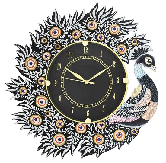 Wooden Clock With Peacock Design