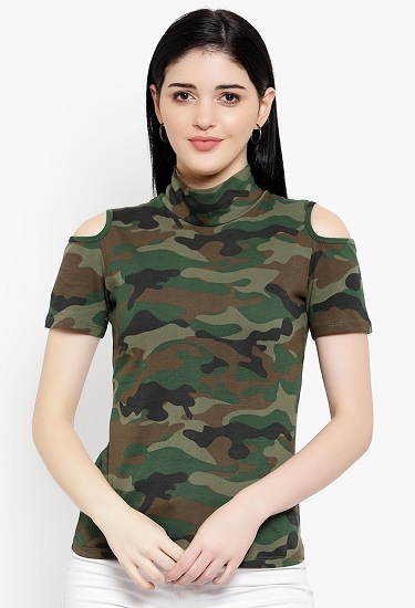Camouflage Prints Cold Shoulder Top
