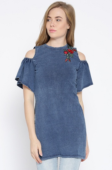 Chambray Cold Shoulder Embroidered Top