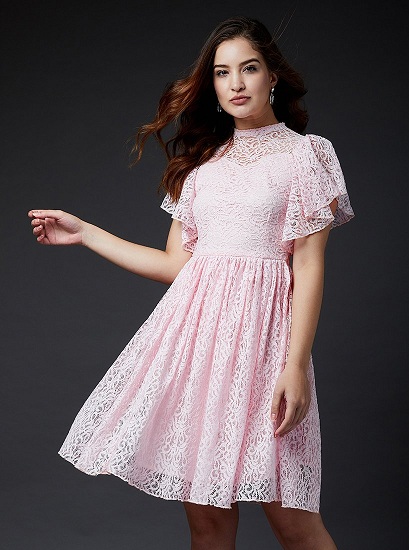 High Neck Lace Pleated Dress