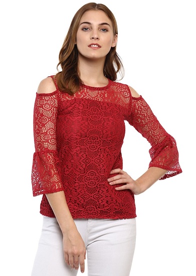 Lace Cold Shoulder Top With Bell Sleeves