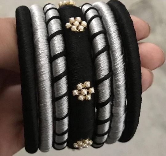 Silver And Black Thread Bangles
