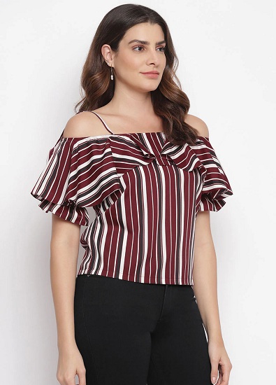 Striped Cold Shoulder Top With Ruffle Sleeves