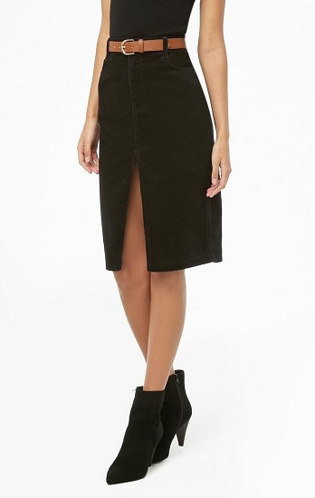 Corduroy Pencil Skirt With Front Slit