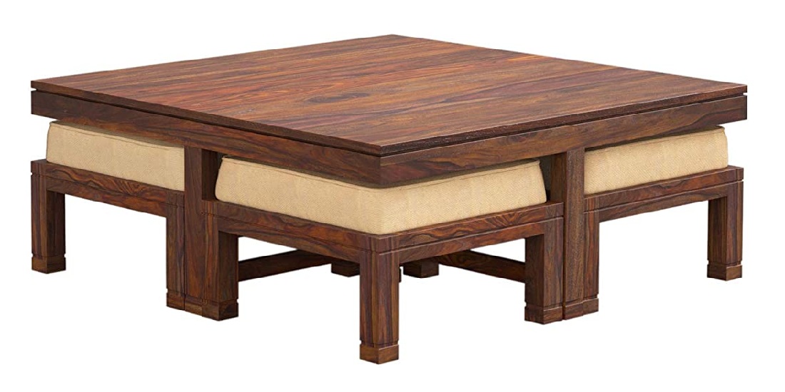 Solimo Acamar Solid Sheesham Wood Coffee Table with 4 Stools