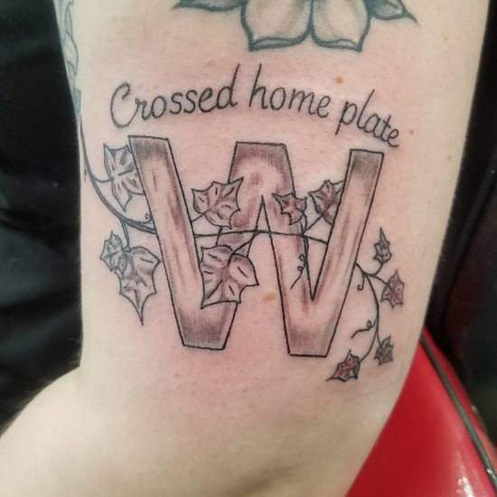 W Letter Tattoo With Leaf Vines