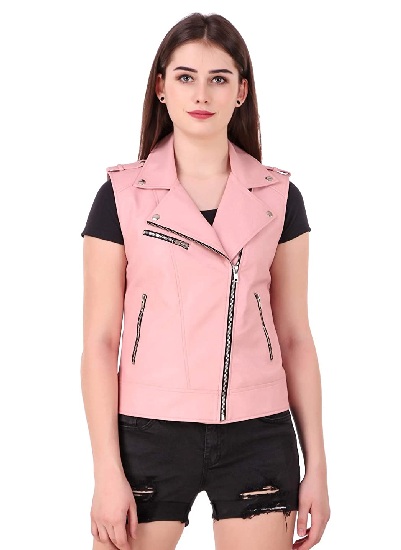 Women's Pink Sleeveless Leather Jacket