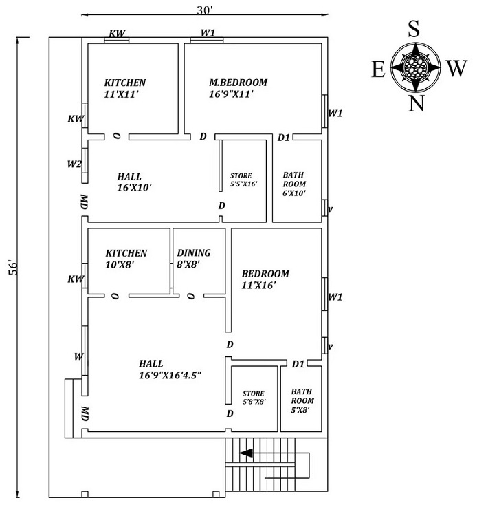 30' X 56' Double Single BHK East-Facing House Plan