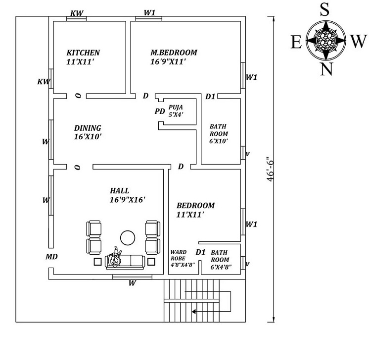30 X 46.6 Inches BHK East Facing House Plan