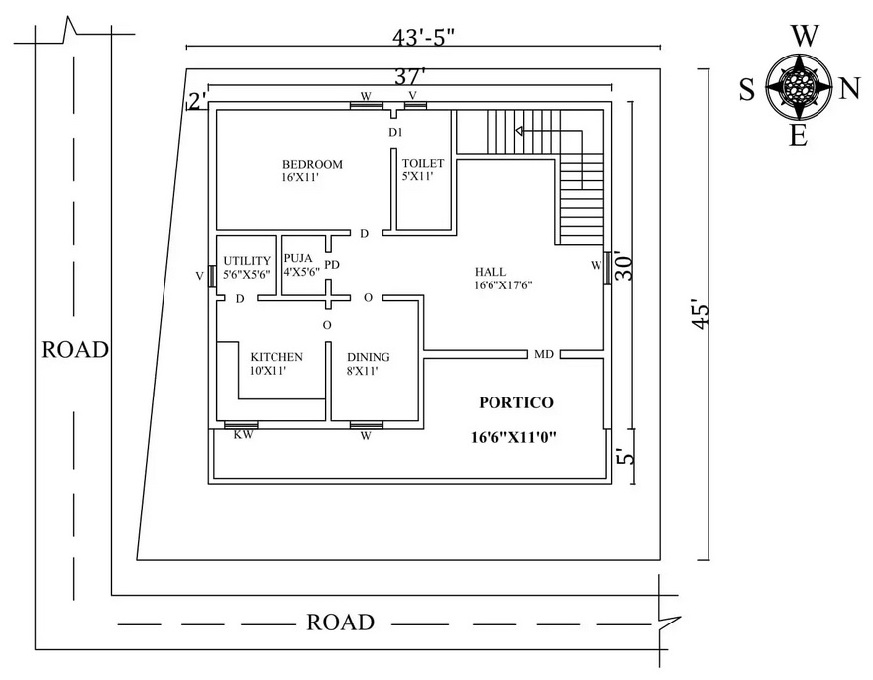 37 x 30 inch Single bhk East Facing House Plan