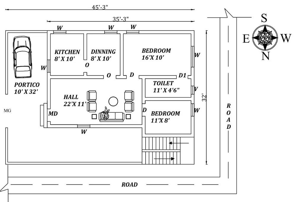 45'3″ X 32′ East Facing House Plan