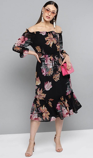 Black Off Shoulder Floral Dress