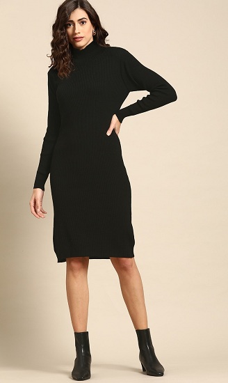 Black Ribbed Sweater Dress