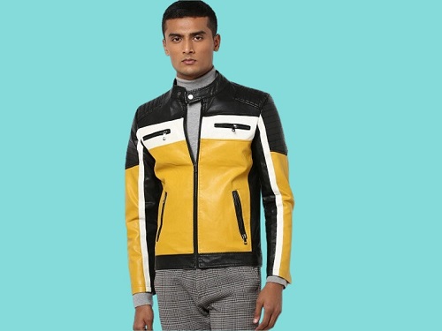 Colorblock Yellow And Black Slim Fit Biker Jacket For Men