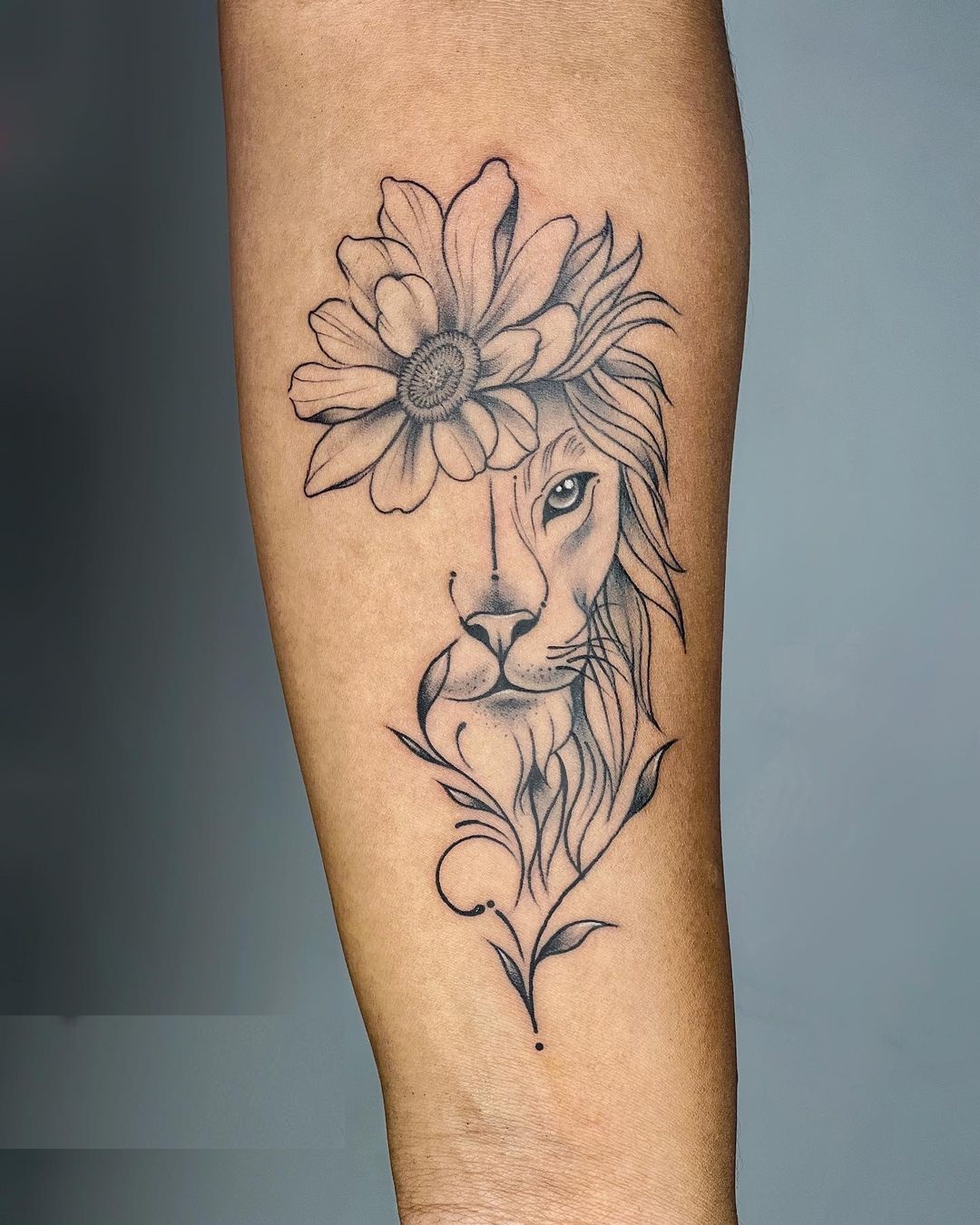 Floral Lioness Elegance Leg Tattoo
