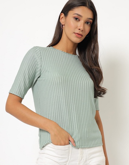 Green Striped Ribbed Top