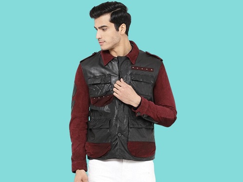 Men’s Black And Maroon Solid Designer Leather Jacket