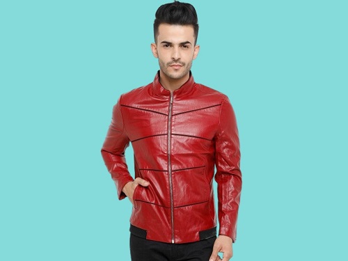 Men’s Red Solid Leather Jacket For Sports And Winter