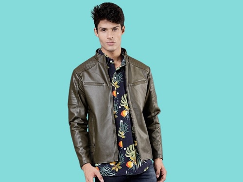 Olive Green Unlined Faux Leather Jacket For Men
