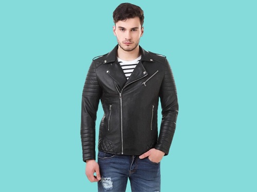 Panelled Zip Front Black Leather Biker Jacket For Men