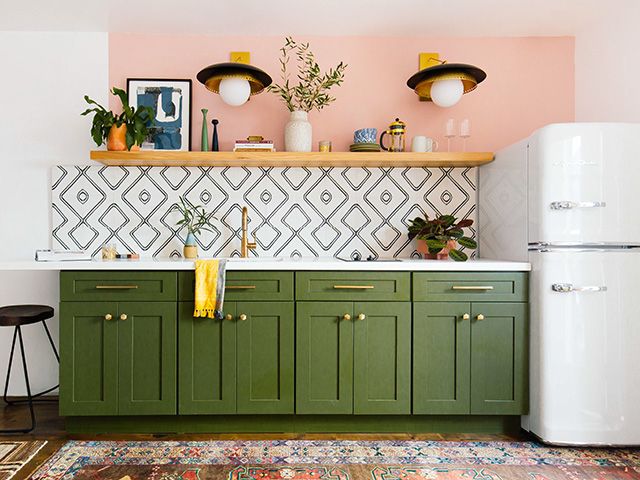 Pink, Grey, and Green Kitchen