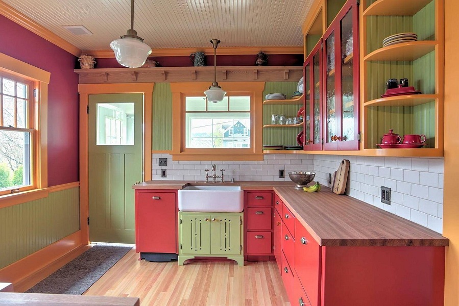 Red, Grey, and Green Kitchen
