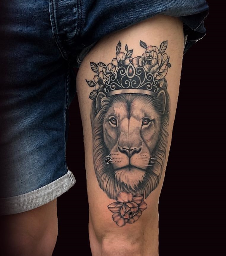 Royal Lion With Crown Leg Tattoo